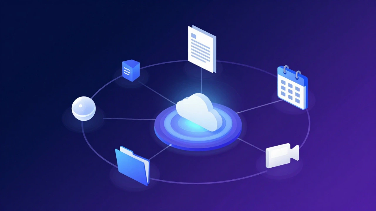 Abstract illustration of a central hub connecting educational tools via cloud network