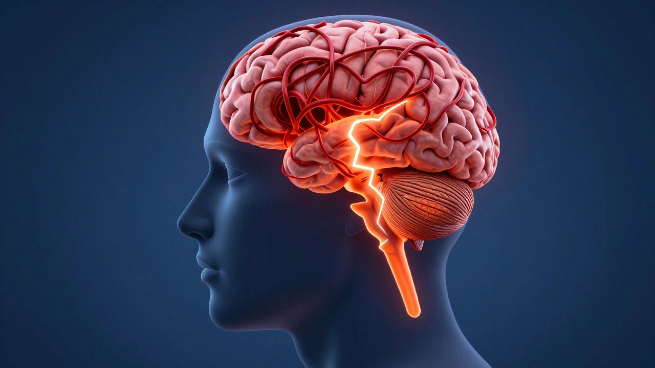 Artistic cross-section of a brain showing cognitive overload and stress signals
