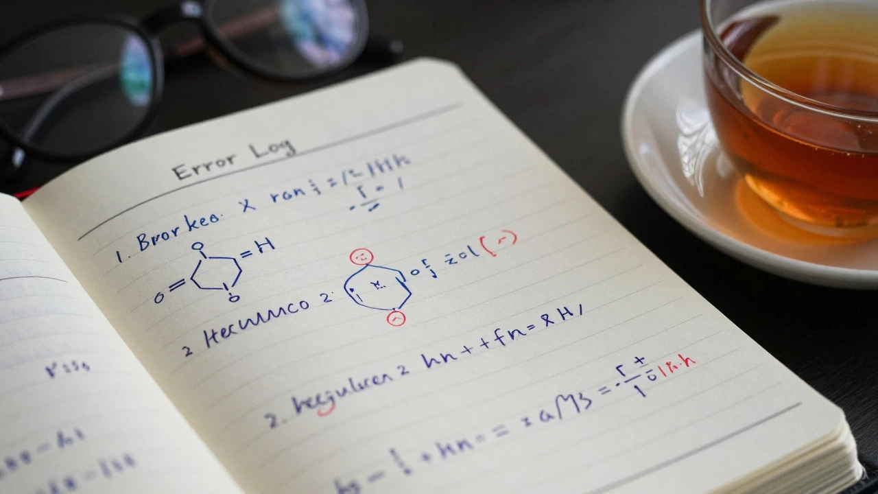 Close-up of error log notebook with handwritten math corrections