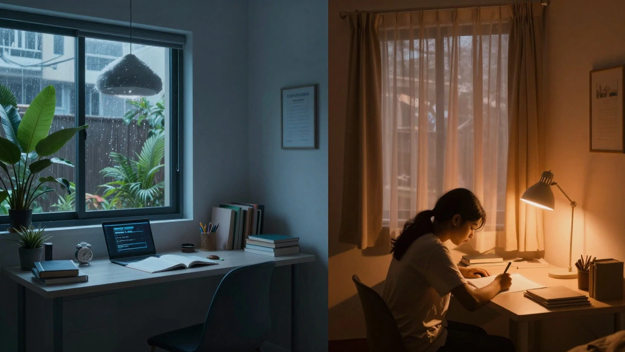 Contrast between serene tech-city study space and humid traditional study room.