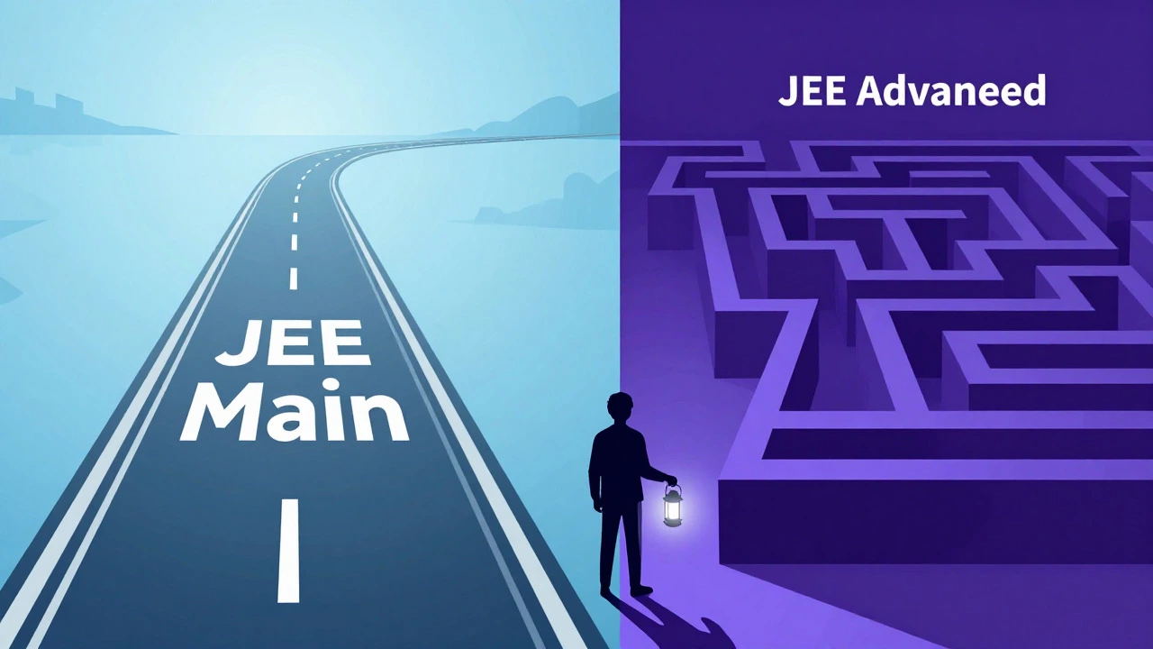 Illustration contrasting simple JEE Main path with complex Advanced maze