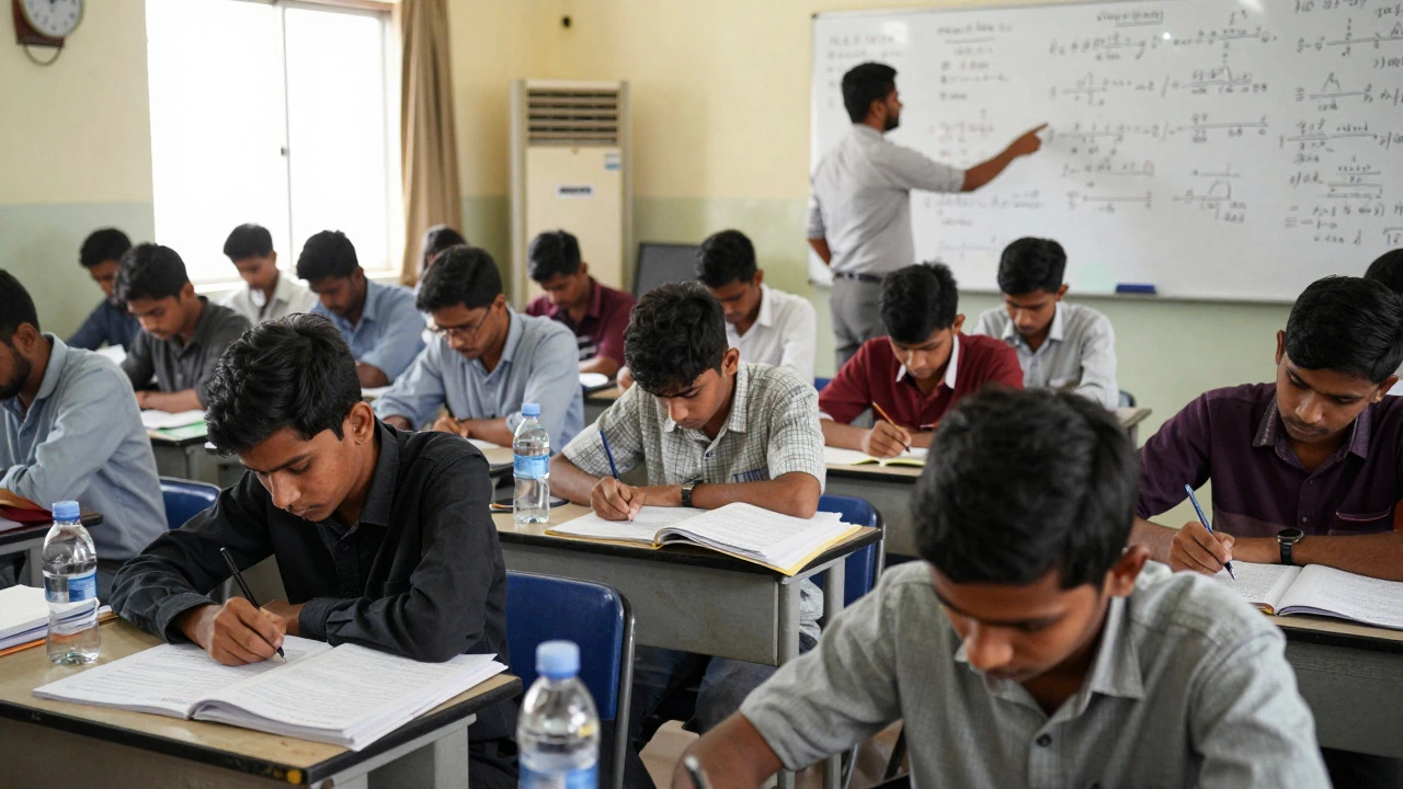 Intense classroom scene in Kota with students taking rigorous entrance exams.