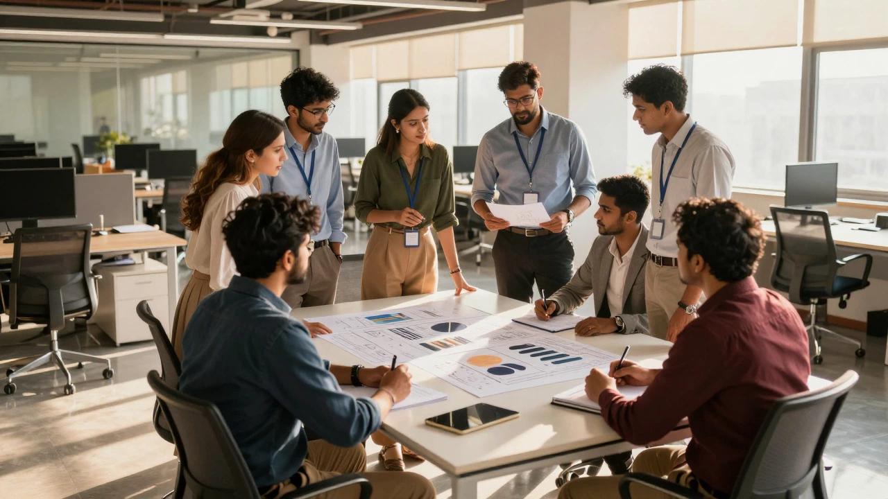 Professionals discussing a printed project report in a modern office
