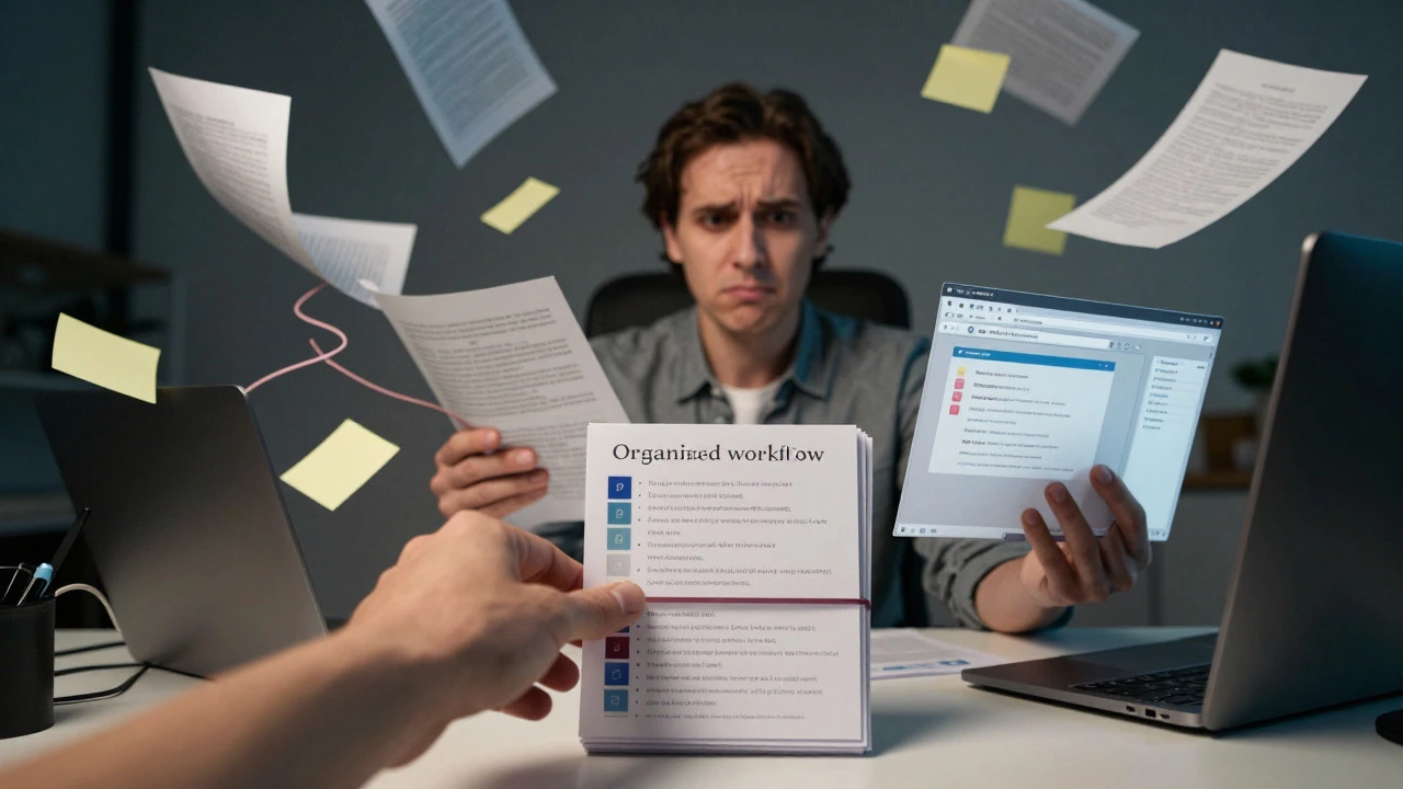 Teacher managing digital clutter as hands organize scattered tasks into order