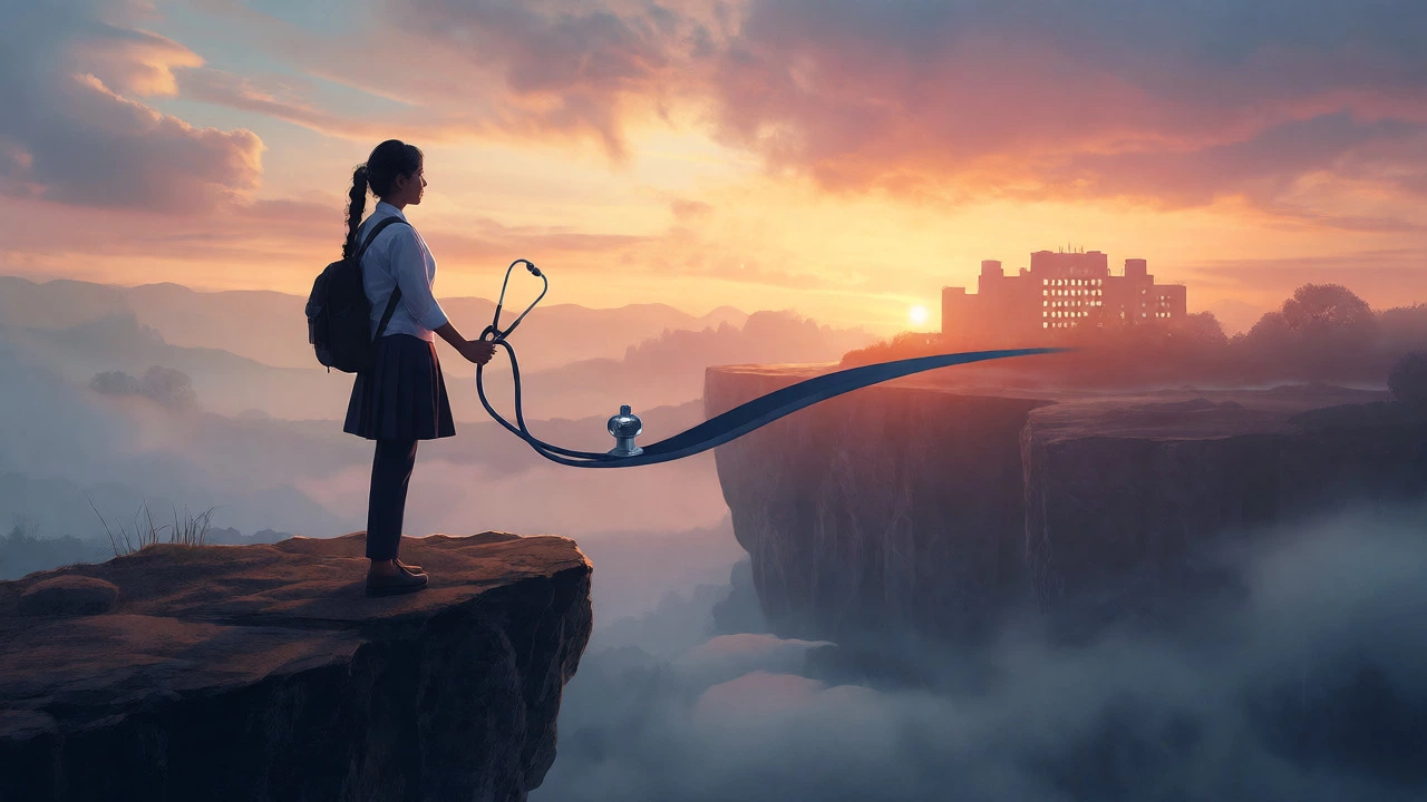 A determined student holding a stethoscope bridge towards a distant medical college at sunrise.
