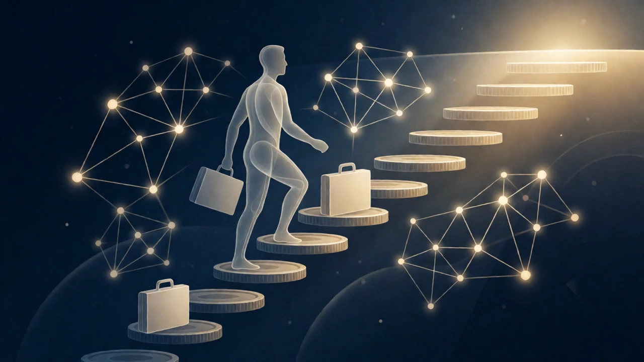 Abstract concept of career acceleration via a coin staircase and network nodes