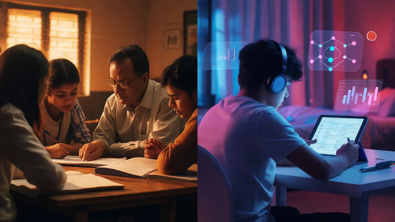 Comparison of a traditional small-group class and a student studying online with a tablet.