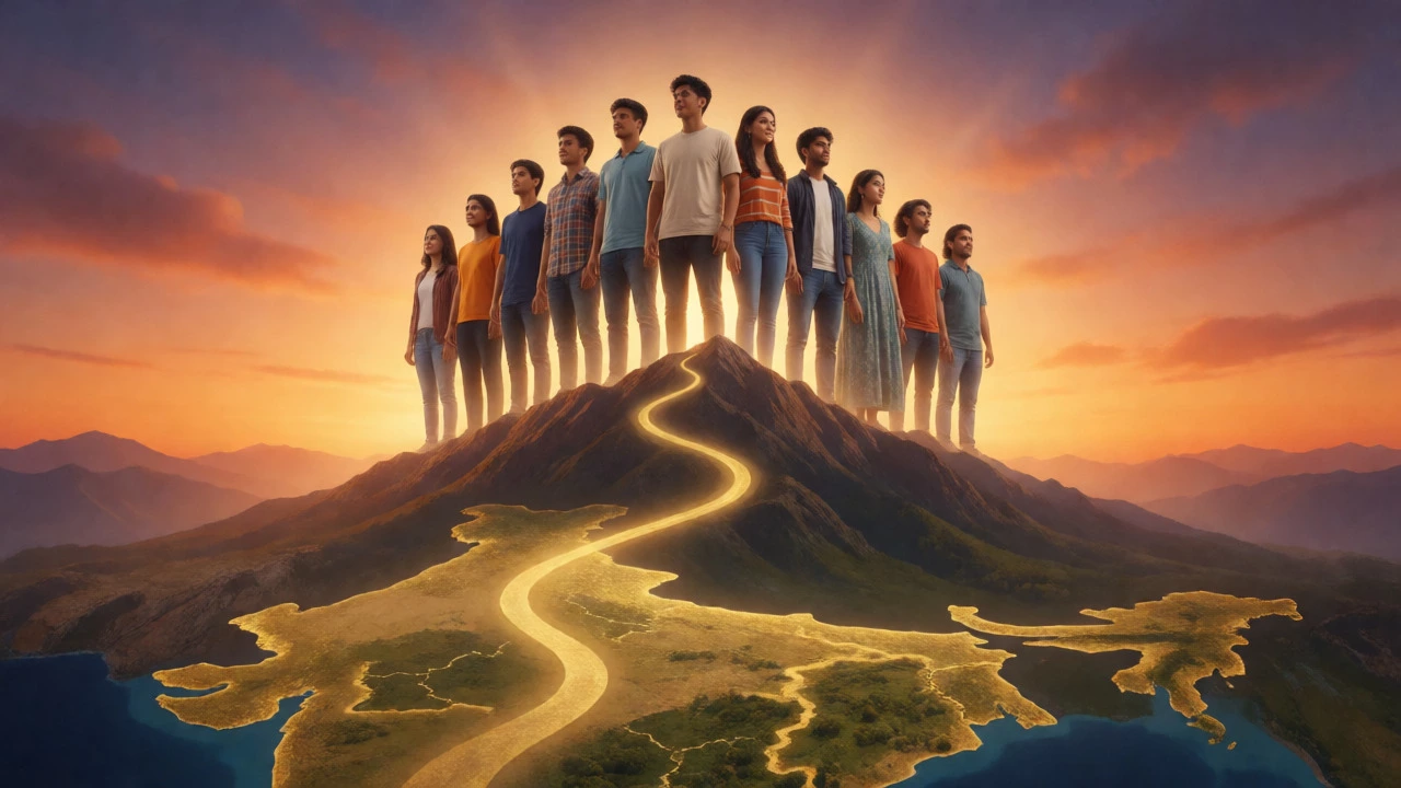 Diverse group of successful Indian students standing on a mountain peak at sunrise, symbolizing achievement.