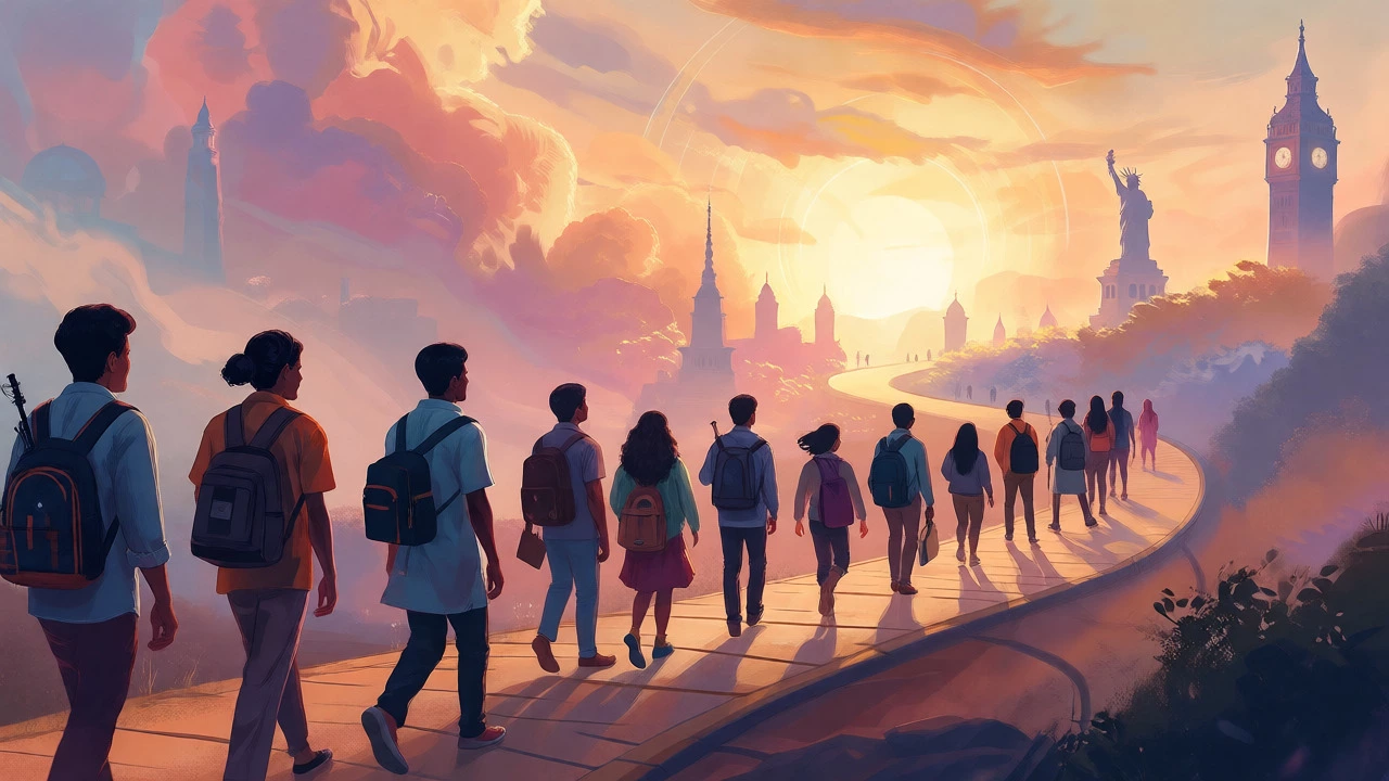 Diverse Indian students walking toward a bright future horizon