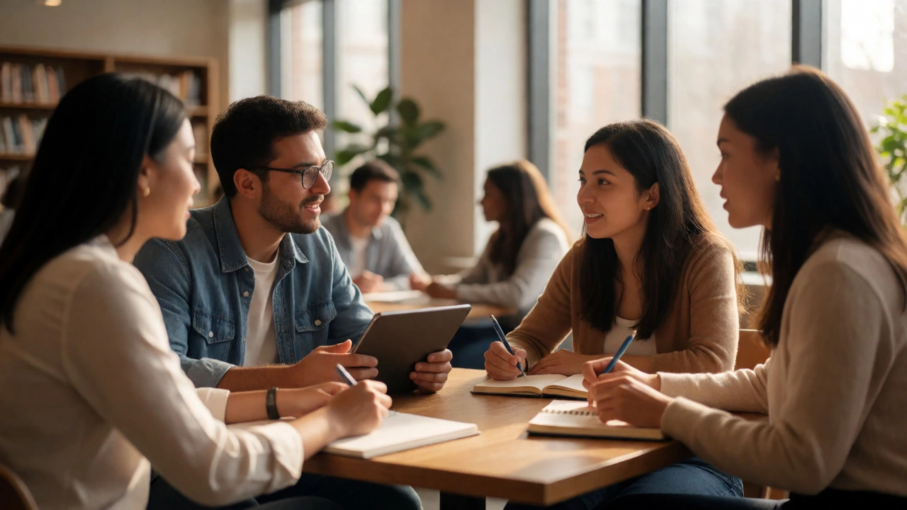 Diverse MBA students collaborating intensely in a modern library setting