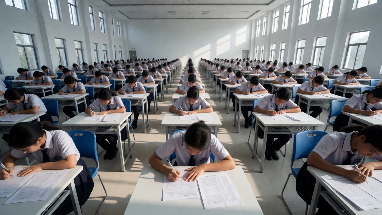 Hundreds of students sitting in rows taking a national entrance exam in a large, sunlit hall.