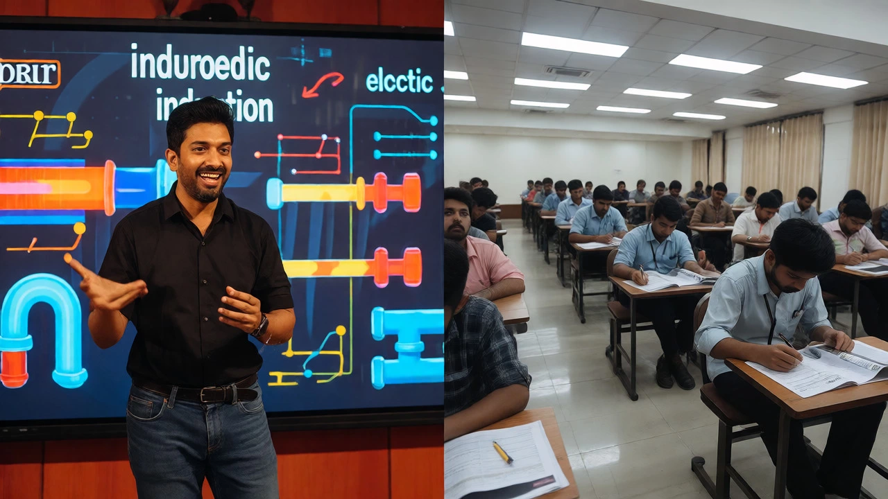 Split view comparing energetic online physics lecture with traditional classroom study