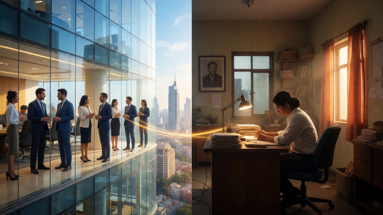 Split view comparing high-rise corporate networking vs. modest office work