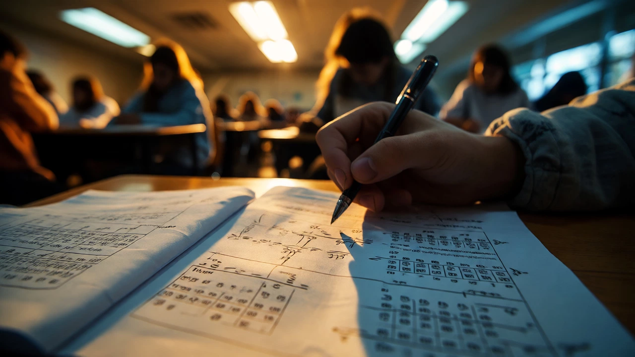 Student intensely solving complex math problems at a cluttered desk