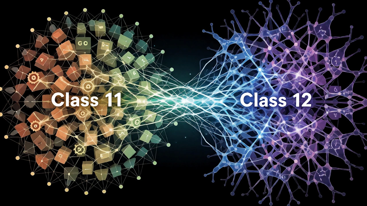 Abstract visualization connecting Class 11 fundamentals to Class 12 applications.