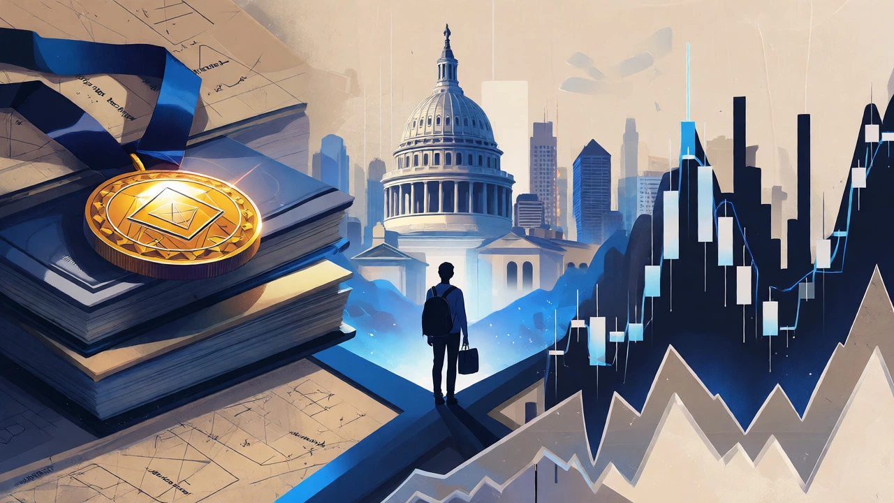 Conceptual art linking math medals to university admissions and finance careers