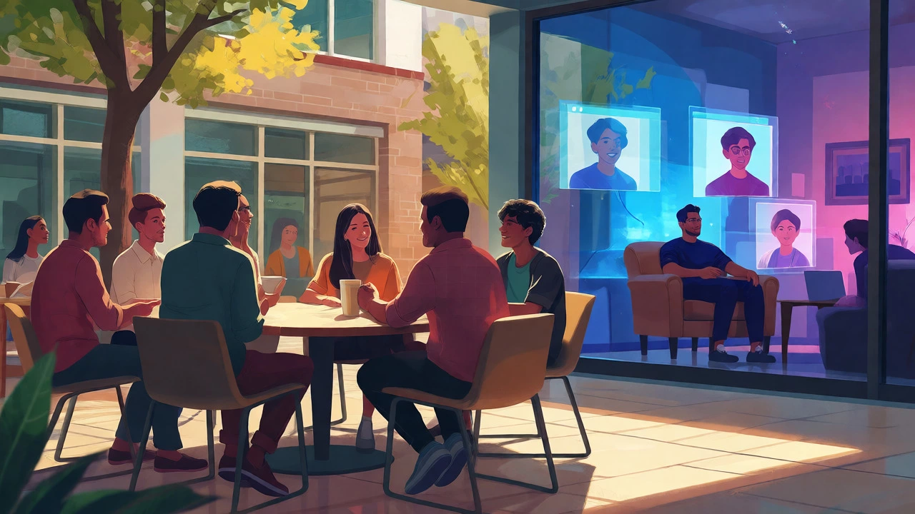 Contrast between in-person campus networking and remote digital collaboration.