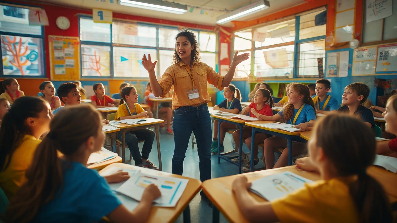 Energetic teacher engaging with students in a bright classroom