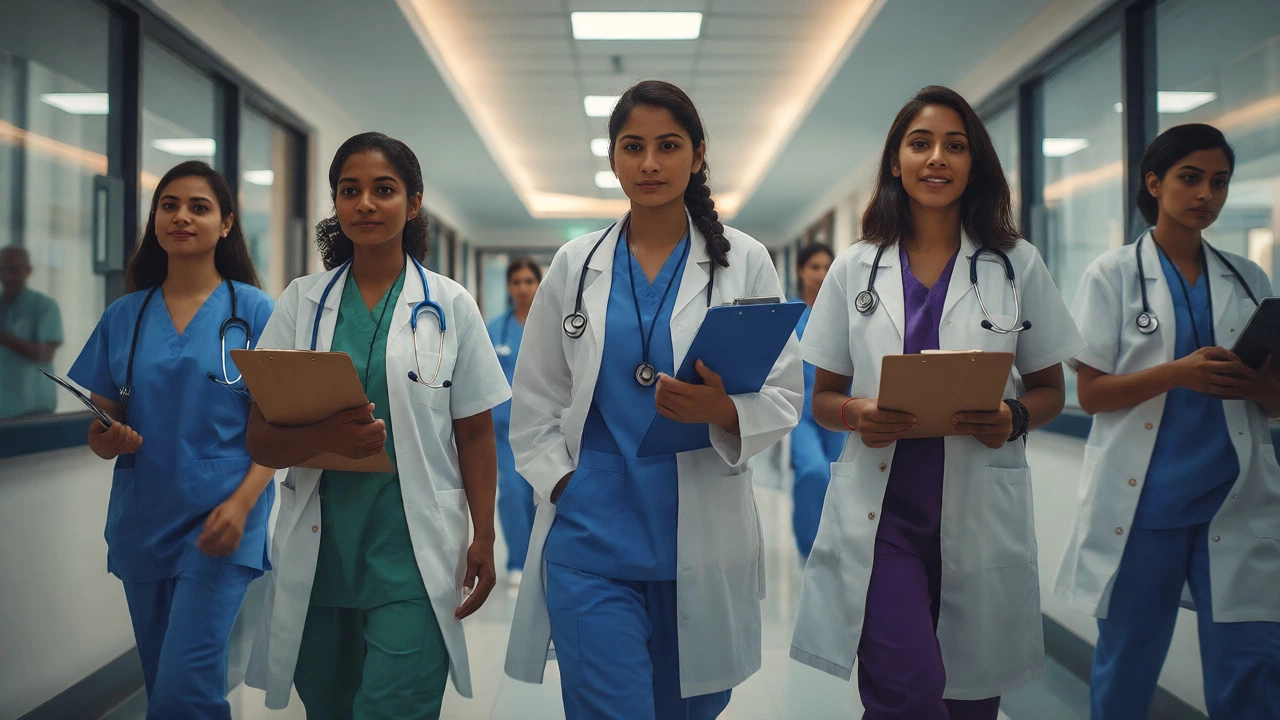 Group of confident female doctors walking through a modern hospital hallway.