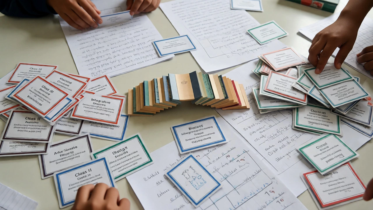 Hands organizing flashcards and notes to integrate old and new study topics.