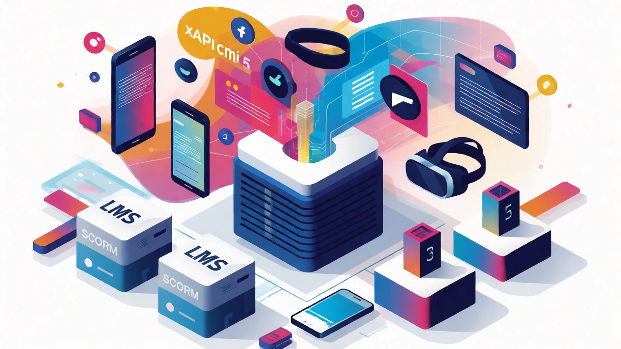Isometric view of modern e-learning standards connecting to an LMS.
