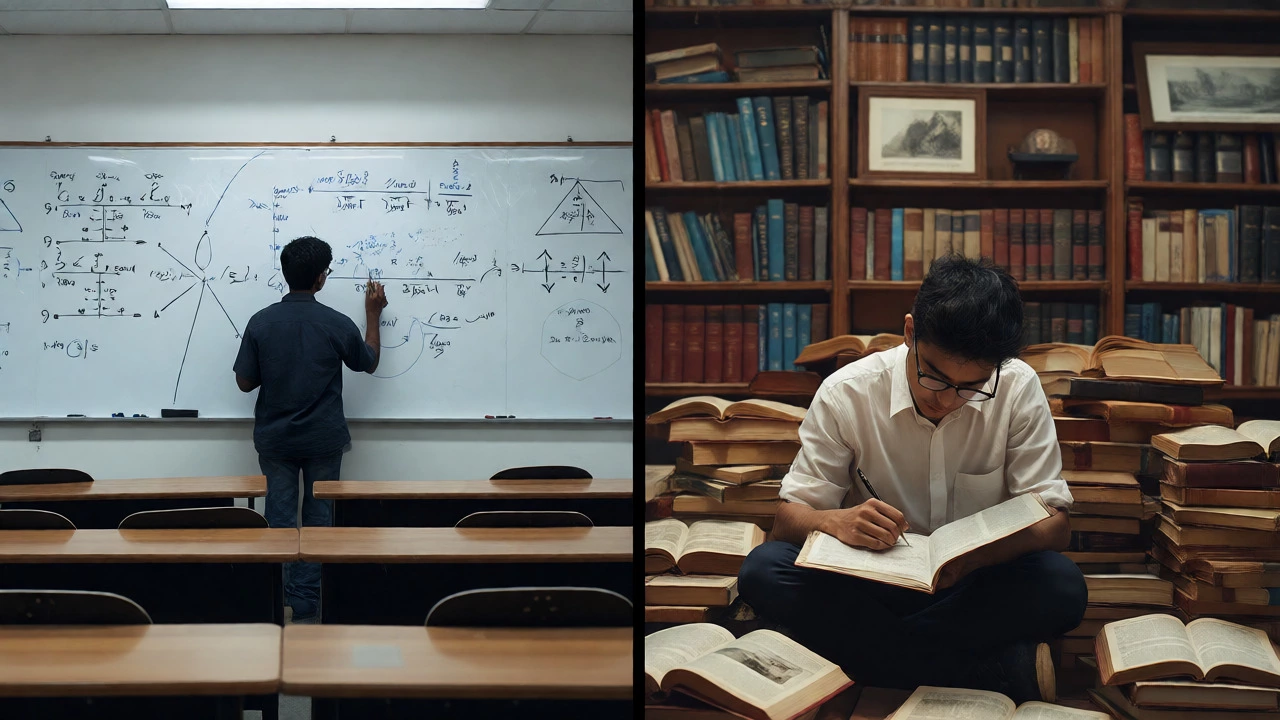 Split view comparing structured math study with literary analysis environments.