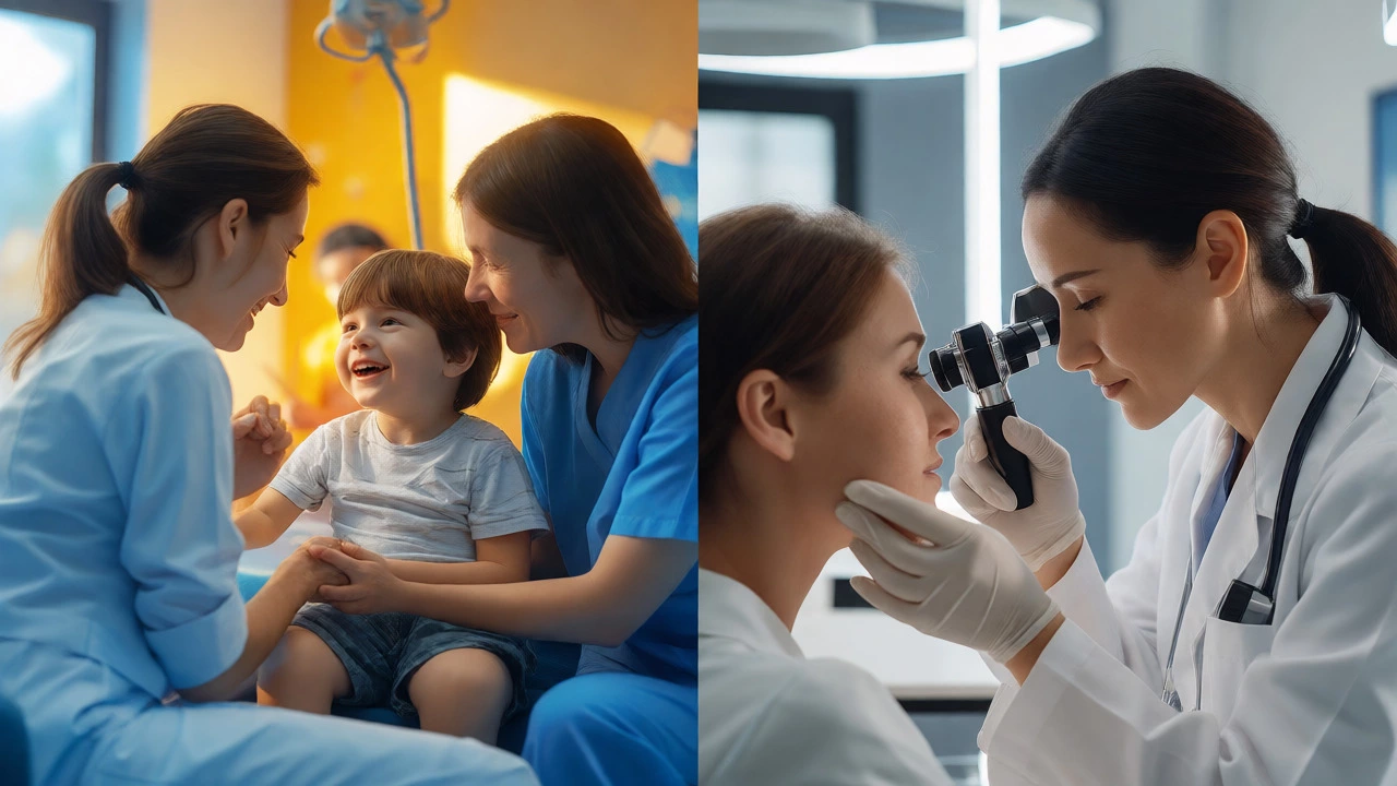 Split view of a pediatric consultation and a dermatology examination.
