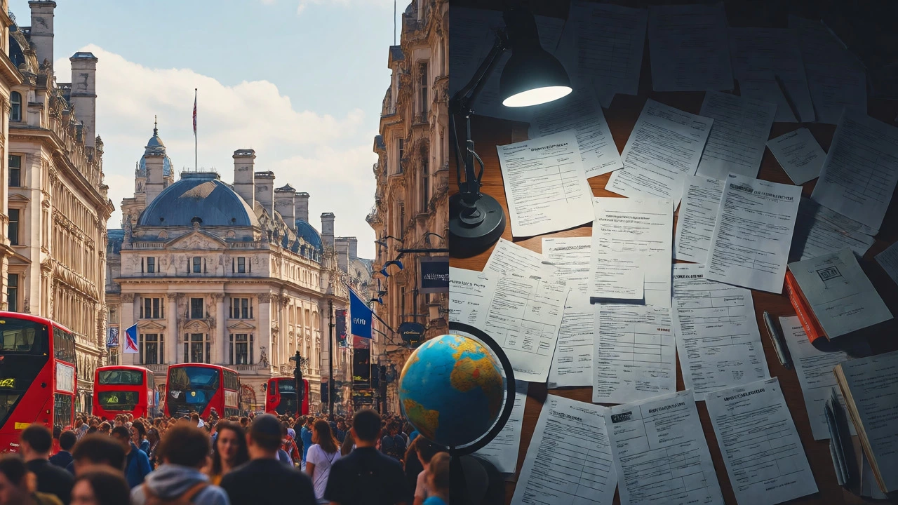 Split view of lively city life versus messy financial paperwork desk