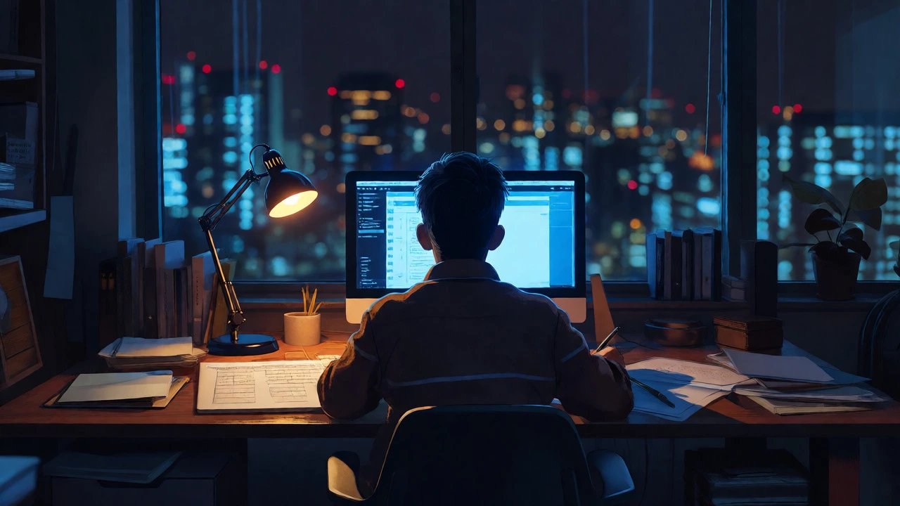 Student studying late at night at home under screen glow.