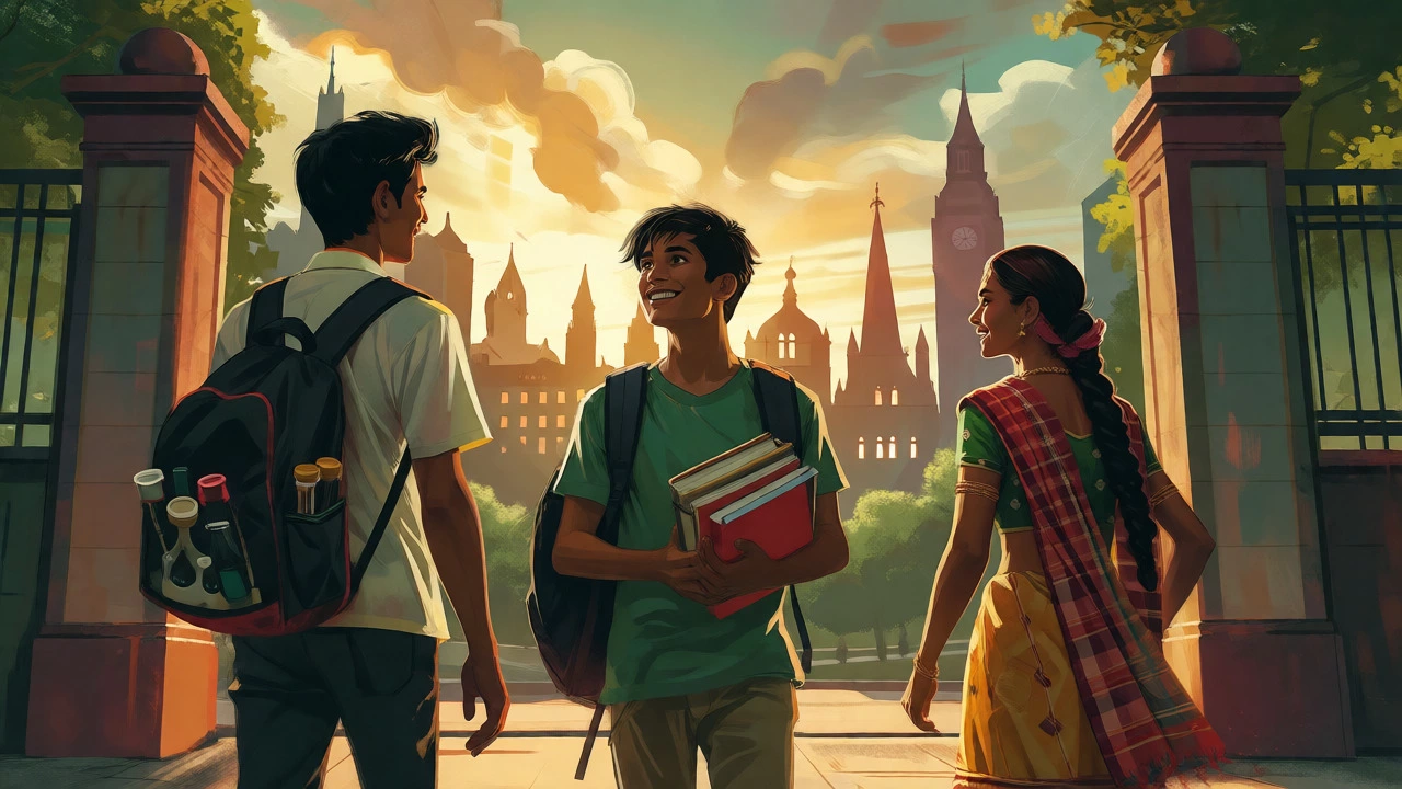 Three students leaving school towards university and global career horizons.